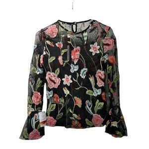 Piano C Top Shirt S Black Sheer Flower Embroidered Bell Sleeve NWT Whimsigoth